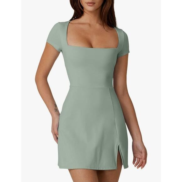Tennis Dress for Women Square Neck, Skort w/ Pocket, Small, Smoke Green - Picture 1 of 8